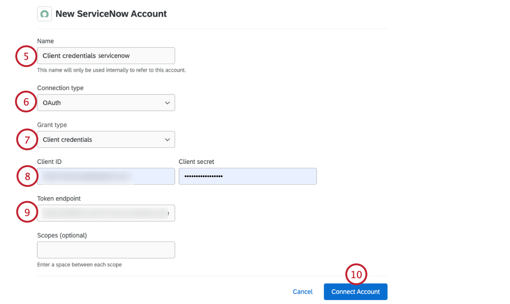adding a servicenow account using client credentials