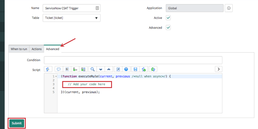 Advanced tab open and JSON body highlighted. Submit button bottom