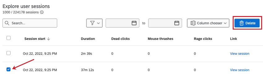 checkbox next to a session selected with the delete option highlighted