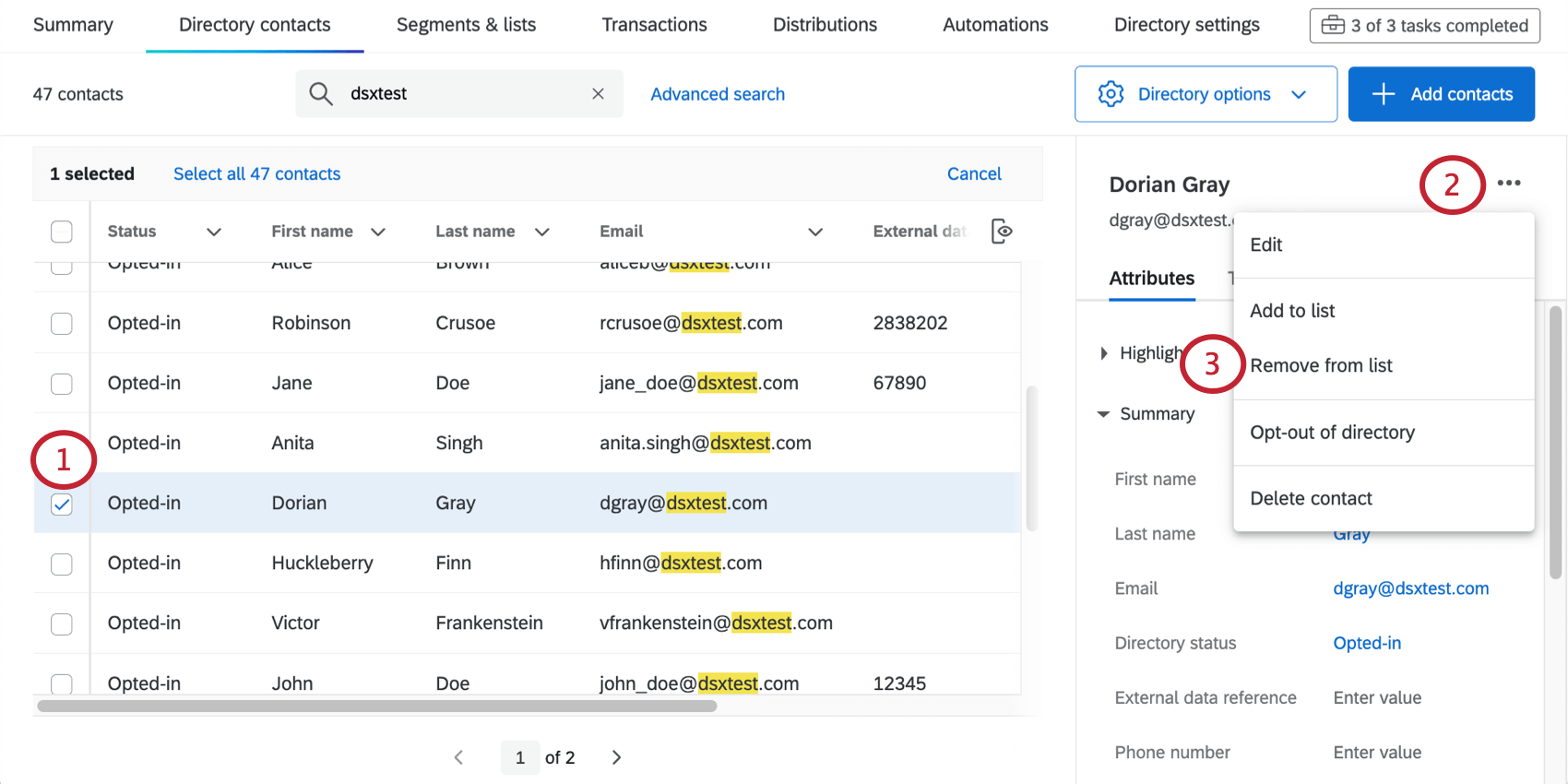 One contact is selected and the dropdown to the far-right reveals the option for Adding and Removing from Lists