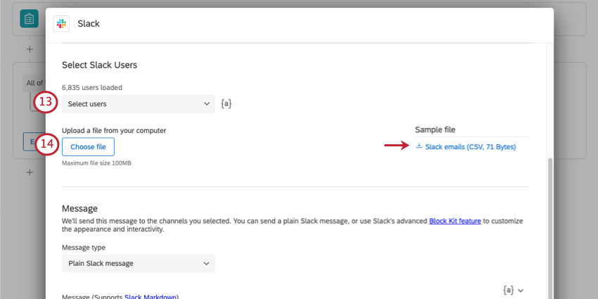Header that says Select slack users. Under it is a dropdown that reports the number of users loaded and lets you select them. Then a choose file button where you can upload a file, with a sample you can download on the far-right