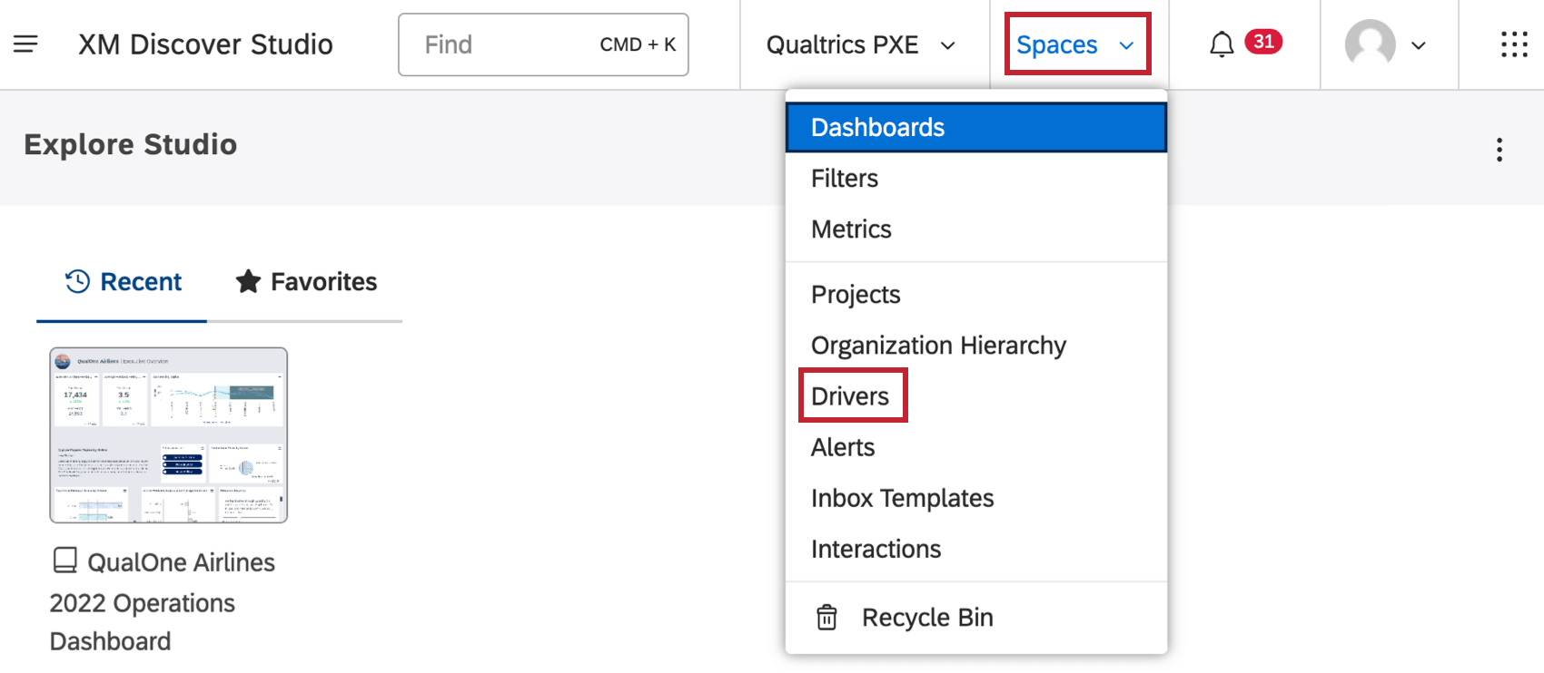 Click the spaces menu and select Driver