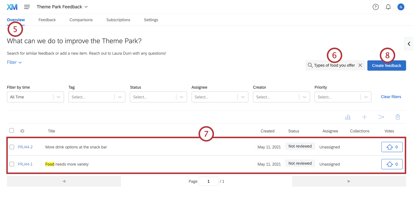 Searching for and submitting feedback from the overview tab