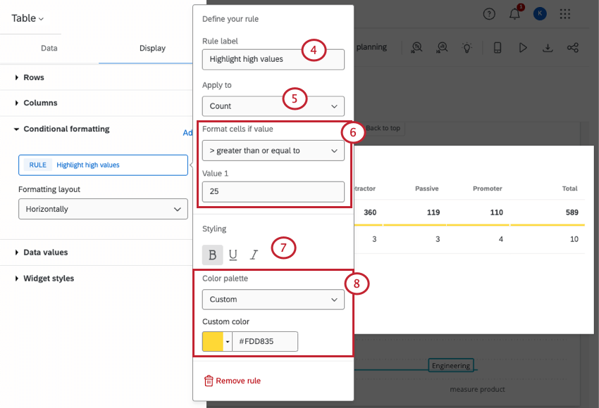 Image of the "define your rule" menu that opens from the newly added rule; the fields say rule label, apply to, format cells if, value 1, styling, and then color palette