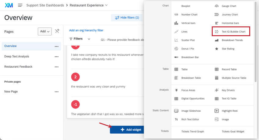 Adding a text iQ bubble widget to a dashboard page