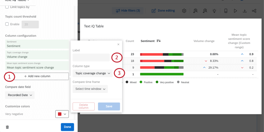 Double-clicked widget with editing panel open to left; clicking add column button opens a menu to the immediate left of the button with the described fields
