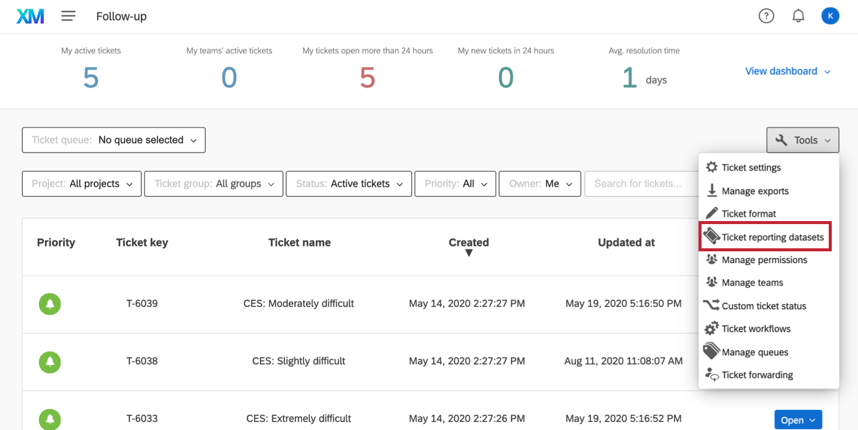Ticket reprting datasets highlighted in the tools dropdown
