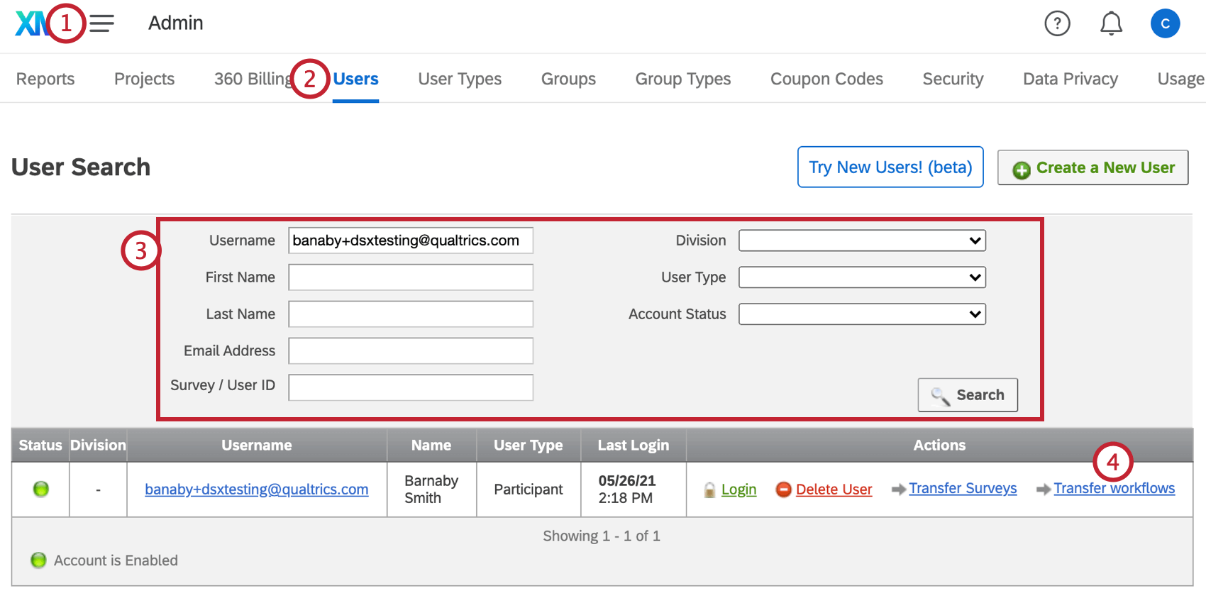 navigating the users section of admin, searching for a user, and clicking transfer workflows