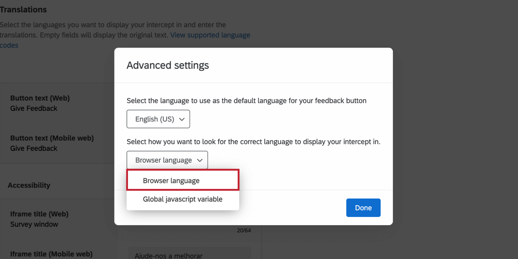 Browser language is selected in the Advanced Settings