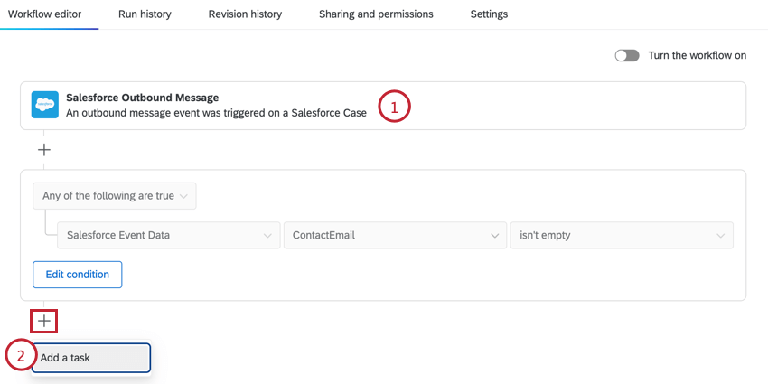 adding a salesforce outbound message event and then a task
