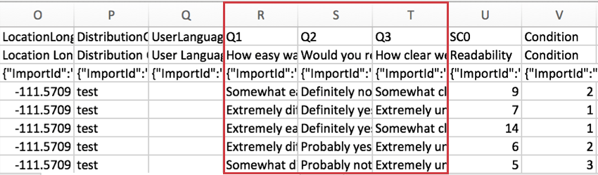 CSV file wth Q1, Q2, and Q3 columns highlighted