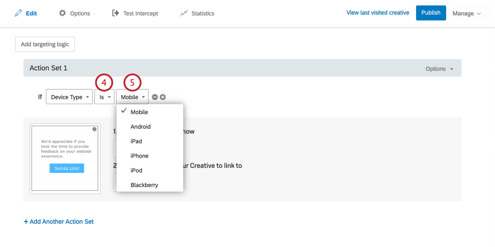 Condition says if Device Type is Mobile with mobile dropdown options