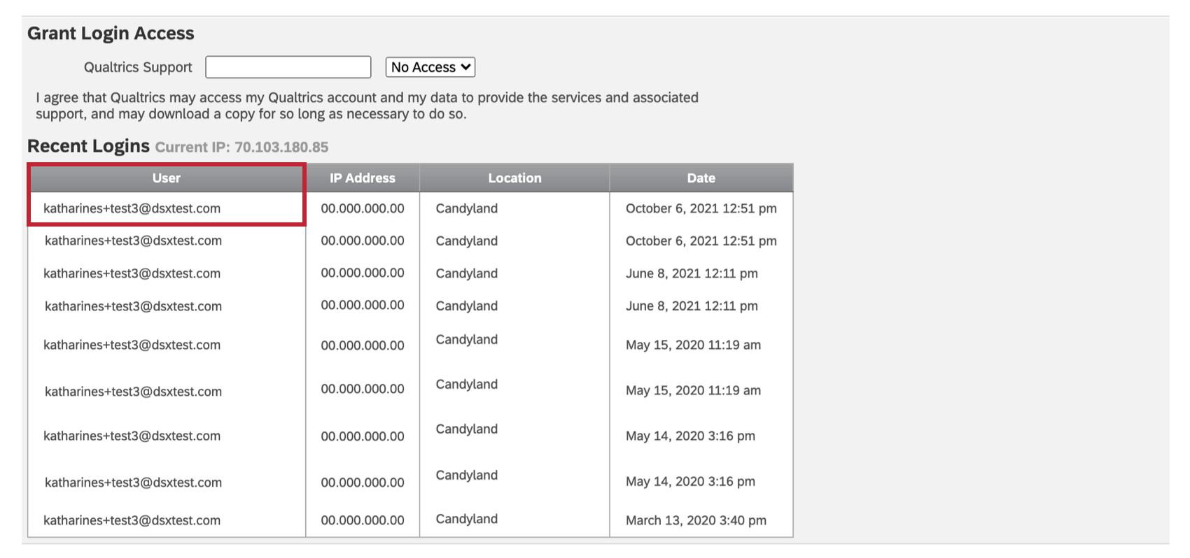 An image of a username in the account settings recent logins