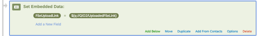 An image of embedded data named "FileUploadLink" where the value is set equal to piped text
