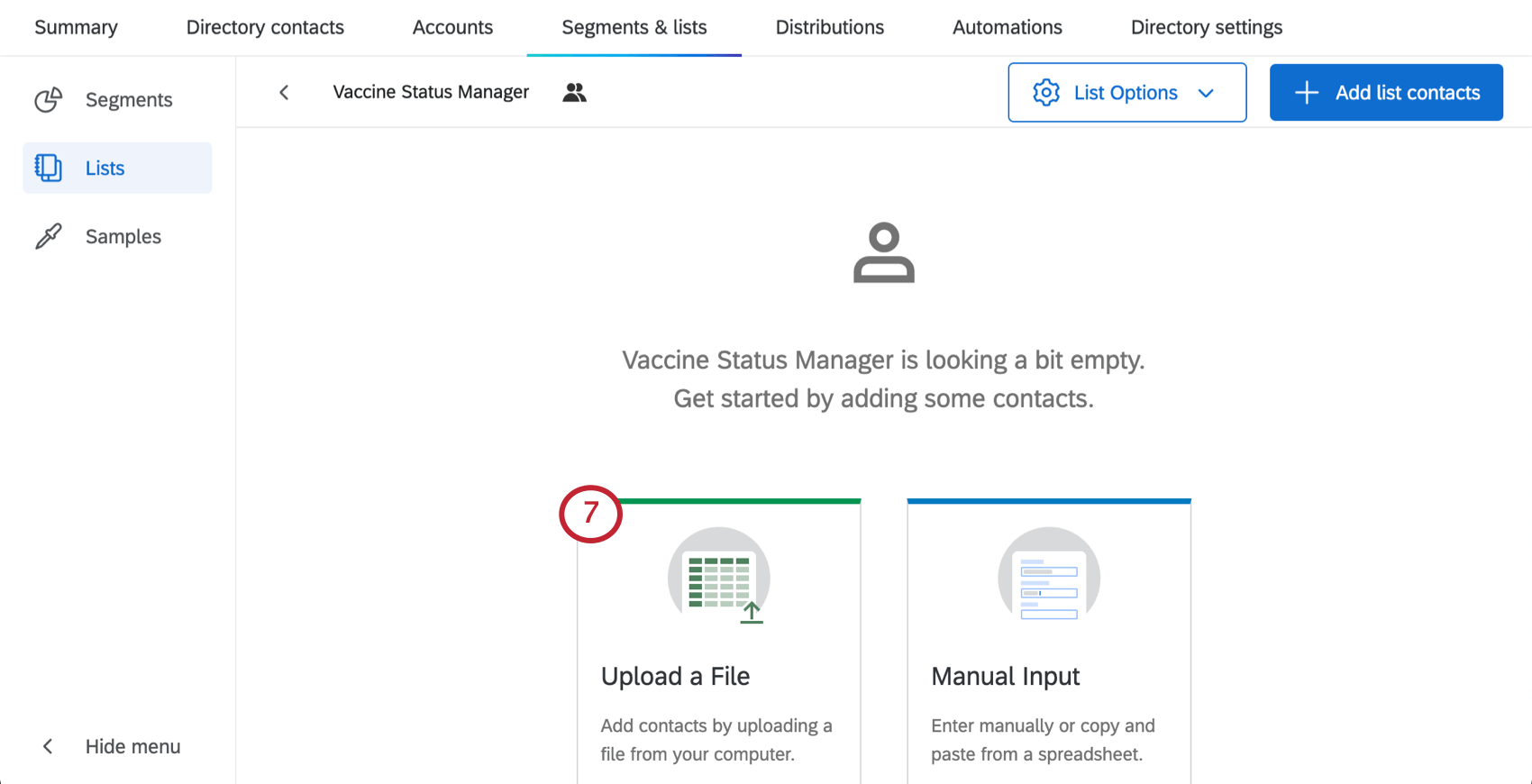 Image of newly created list - two options at bottom for methods to add contacts