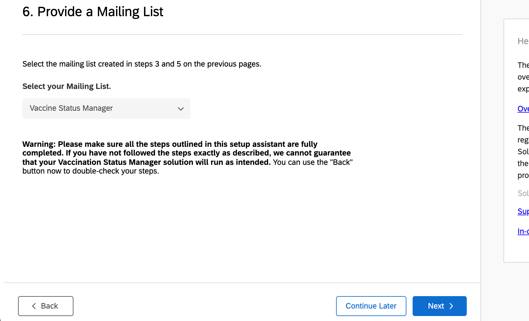Image of dropdown in the setup assistant with header "provide a mailing list"