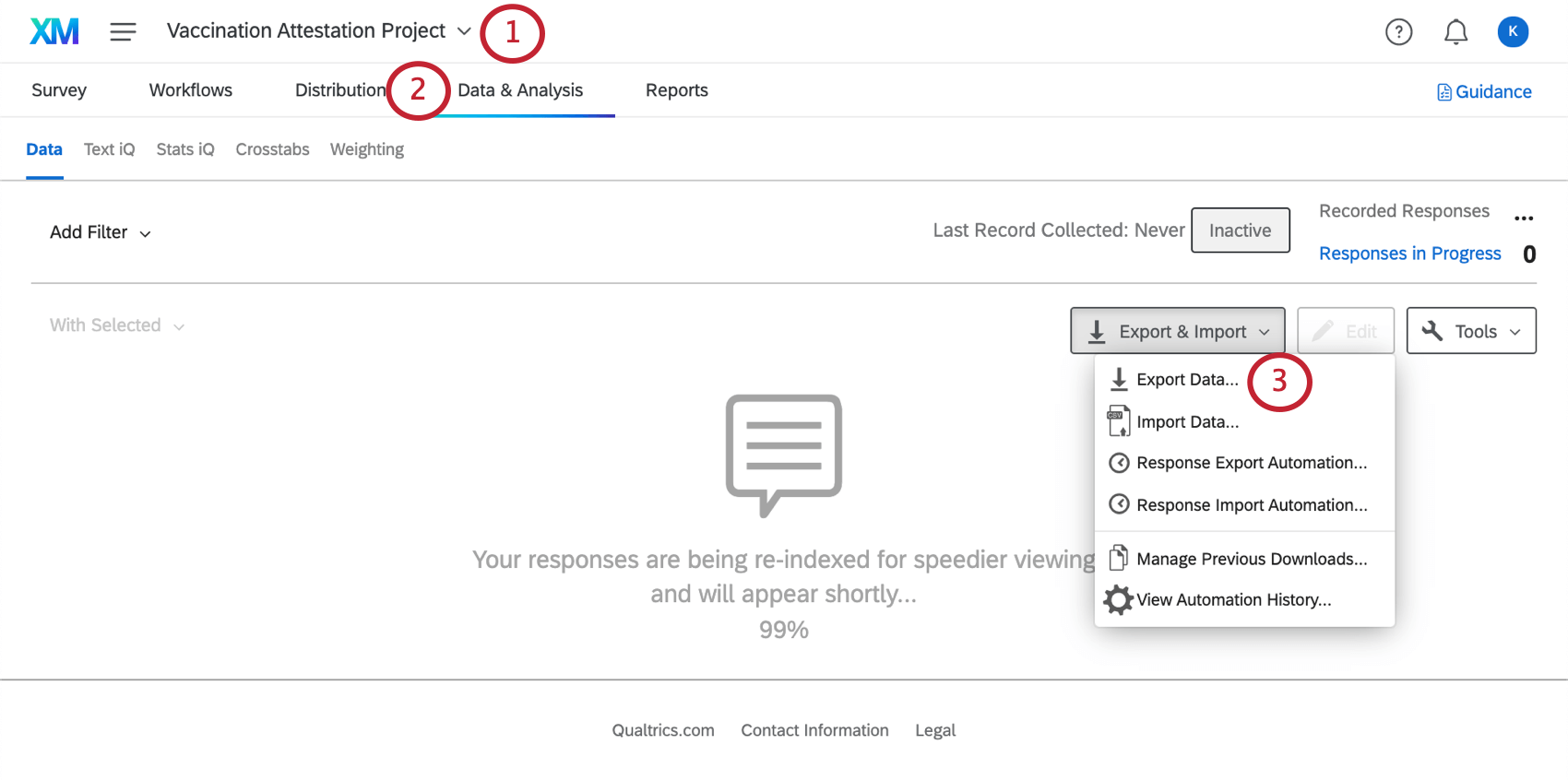 Data and analysis tab of the vaccination survey; option to export data on the right