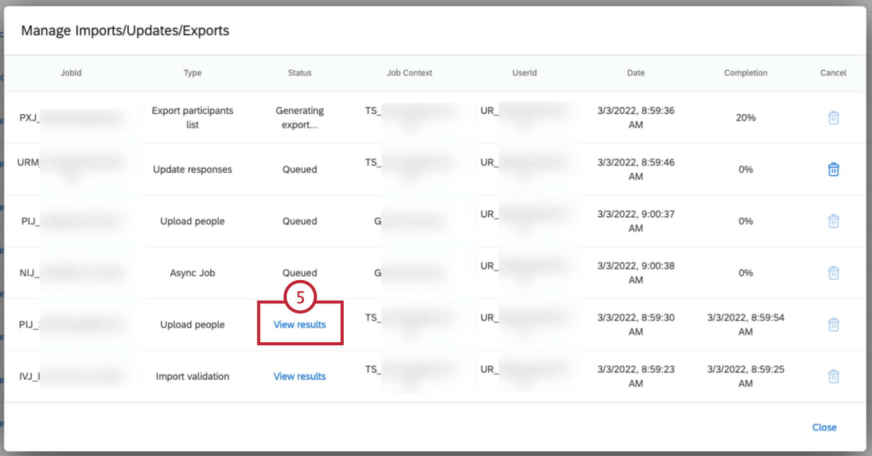 clicking the "view results" link in the Status column