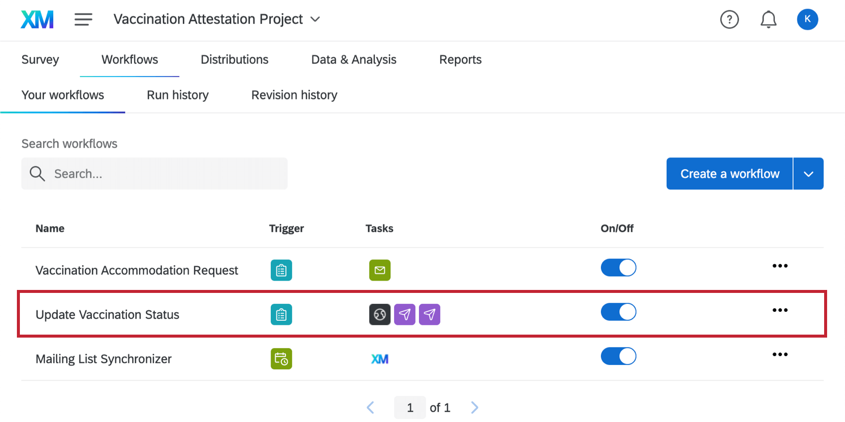 Image of the workflows. tab of the vaccine attestation survey; in the center of the page is a workflow named "update vaccination status"