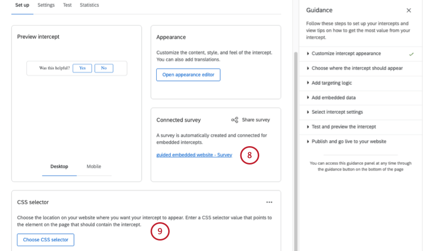 link to connected surveys, then below that section, button to configure CSS selector