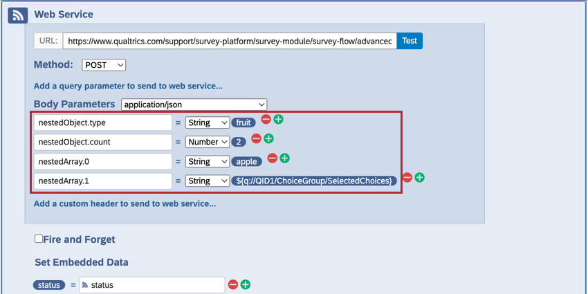 a web service element using dot notation to pass body parameters