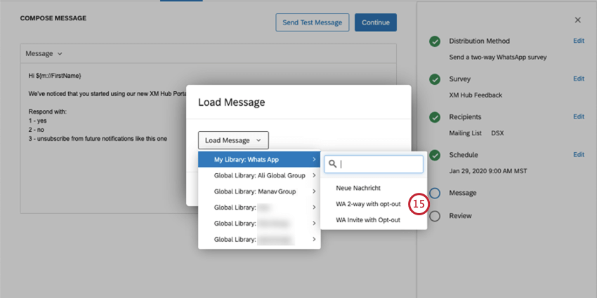 New window opens for slecting messages from the library