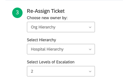 First dropdown has Org Hierarchy selected. This creates two more dropdowns beneath it: one for choosing the hierarchy, and one for choosing the level of escalation