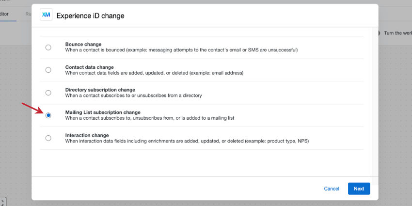 mailing list subscription change selected in the experience ID change window