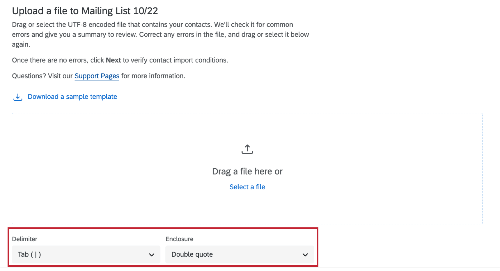 options to adjust file delimiters when importing contacts