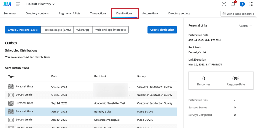 the distributions tab in xm directory