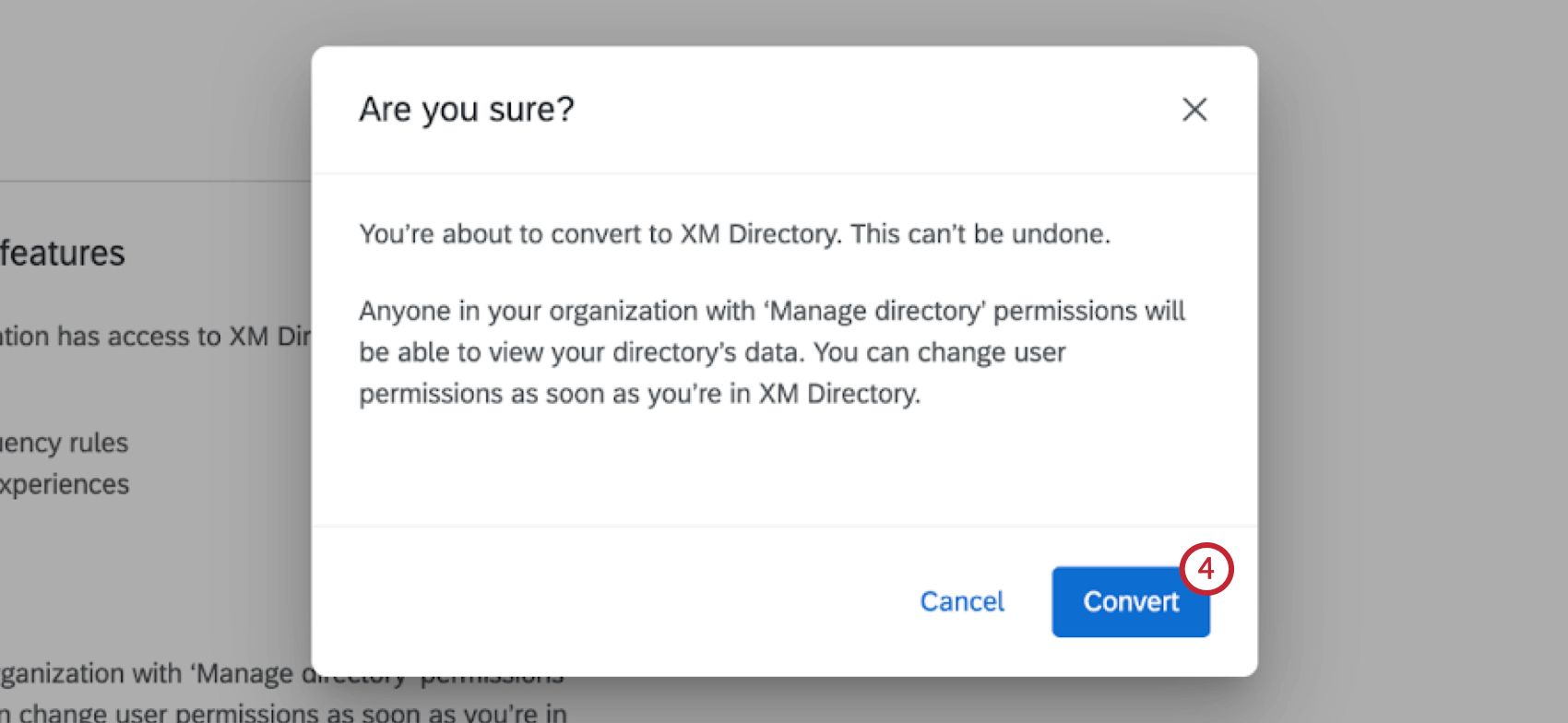 pop-up confirmation window for converting to xm directory with a blue Convert button in the bottom right