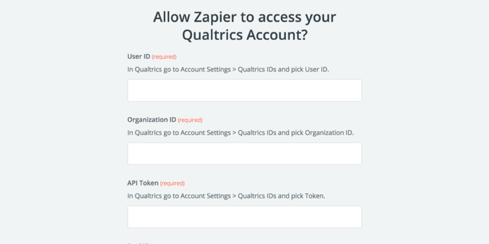 Fields in zapier for connecting to an account