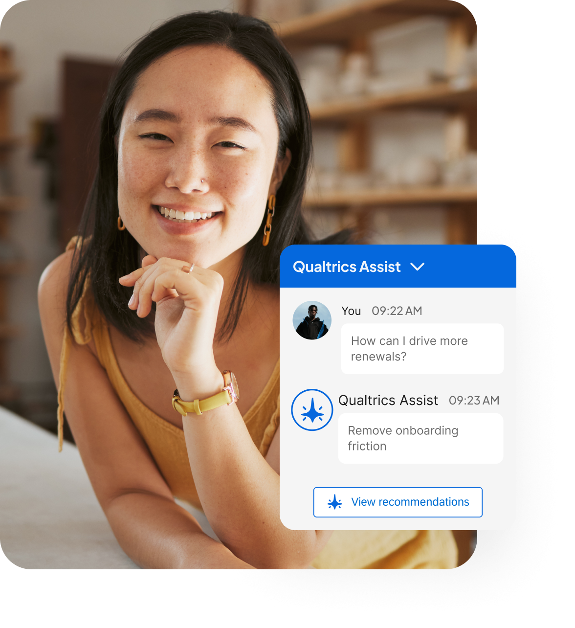 A smiling woman with a Qualtrics Assist overlay showing AI-driven recommendations to reduce onboarding friction and drive renewals.