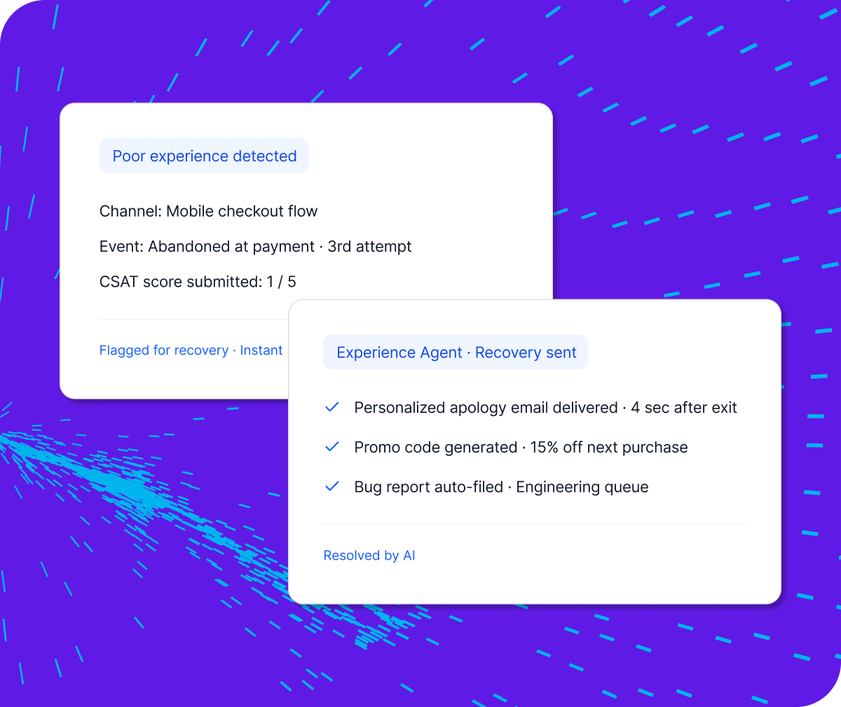 Qualtrics Experience Agent automatically detecting a poor mobile checkout experience and recovering the customer within seconds — delivering a personalized apology email, a 15% off promo code, and auto-filing a bug report.