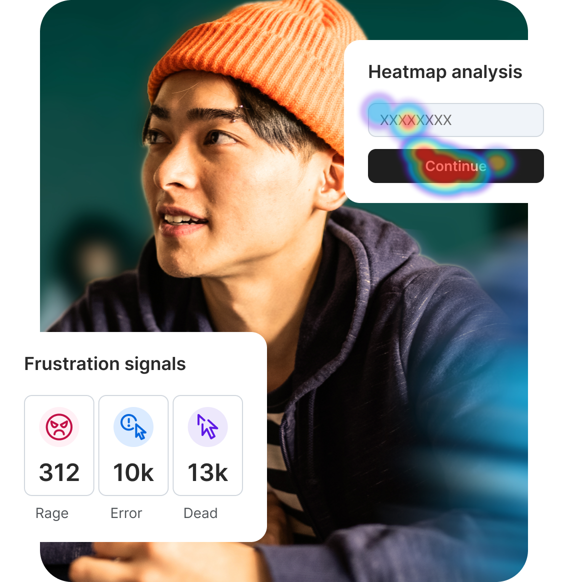 Digital experience analytics showing a website heatmap alongside frustration signal data — 312 rage clicks, 10k error clicks, and 13k dead clicks — helping teams identify friction points in real time.