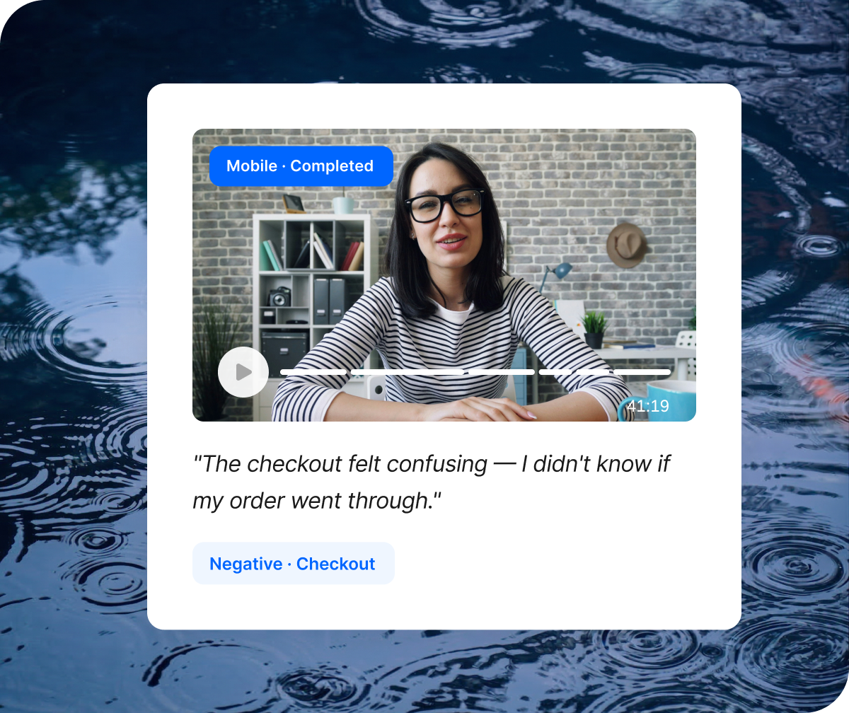A Qualtrics video feedback card from a completed mobile usability session, displaying a participant quote stating the checkout felt confusing because it was unclear if the order went through, tagged as a negative checkout experience.