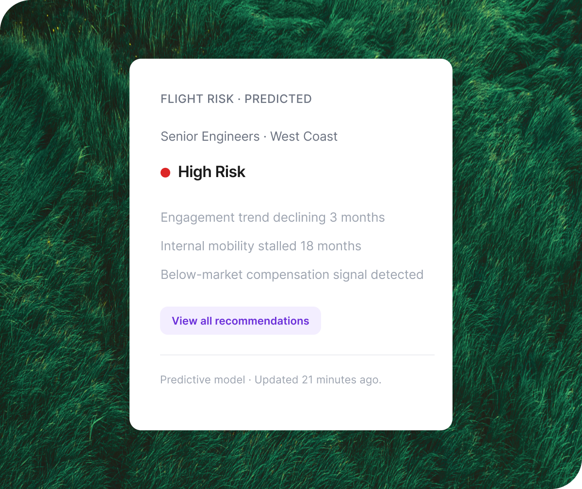Predictive flight risk card flagging West Coast senior engineers as high risk due to declining engagement, stalled mobility, and below-market compensation signals.
