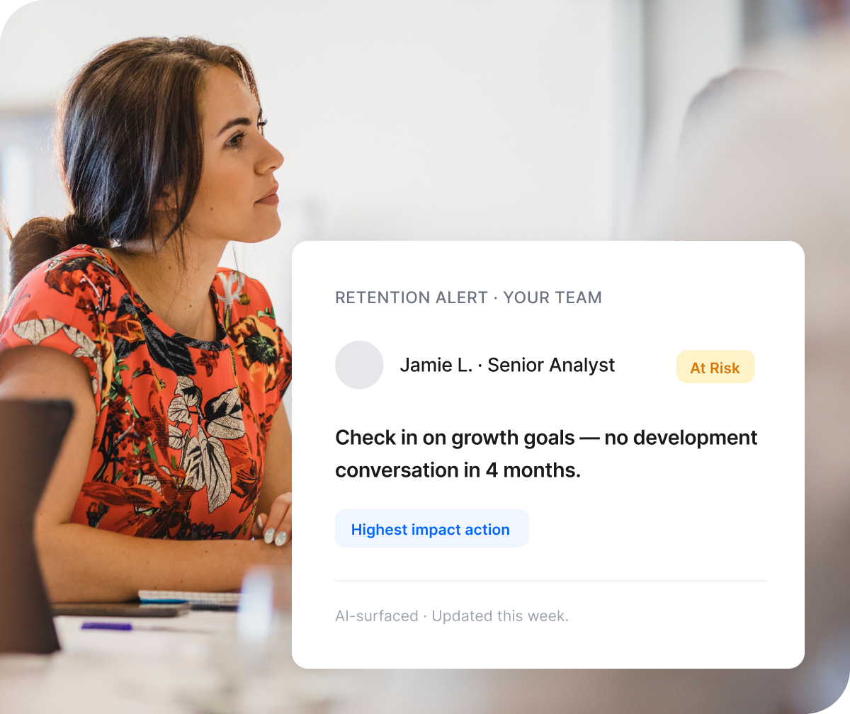 A professional at a desk alongside a Qualtrics retention alert flagging a senior analyst as at risk and recommending a check-in on growth goals after no development conversation in four months, surfaced by AI as the highest impact action.