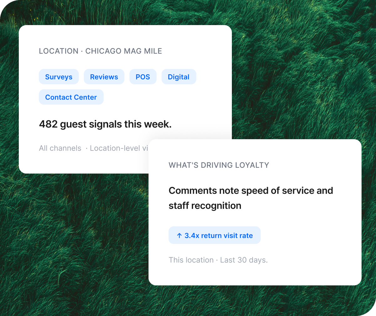 Two cards for Chicago Mag Mile: 482 weekly guest signals across five channels, with speed of service and staff recognition driving a 3.4x return visit rate.