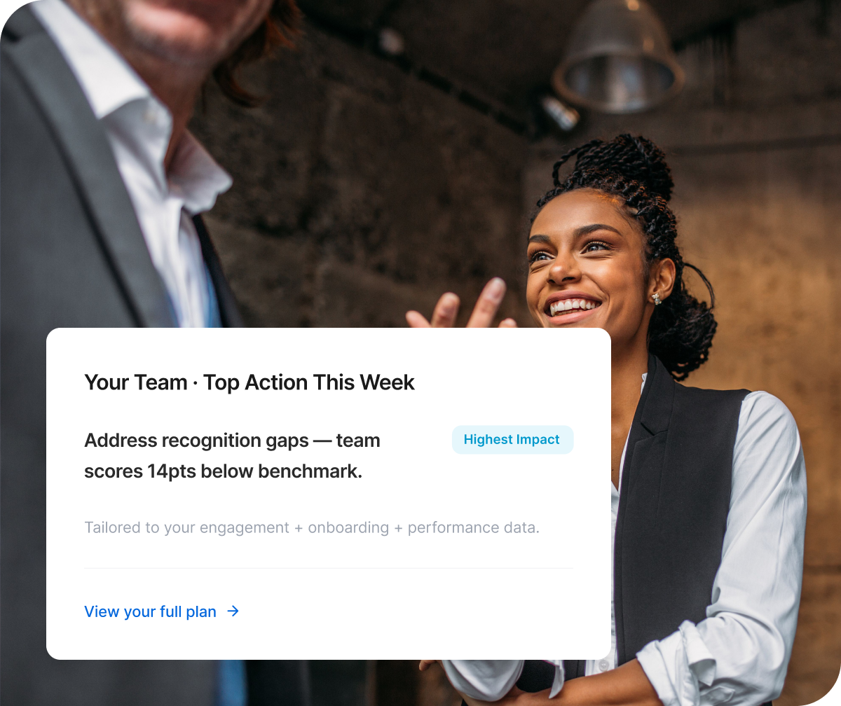 Two colleagues smiling in a meeting alongside a Qualtrics top action card recommending that the team address recognition gaps rated 14 points below benchmark, flagged as highest impact.
