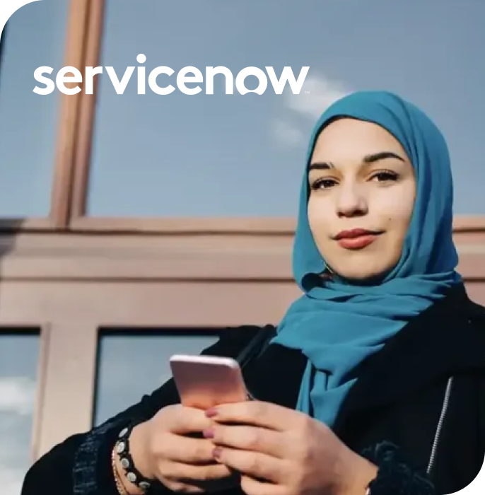 A woman in a hijab using her phone, representing Qualtrics' integration with ServiceNow for connected customer experience workflows.