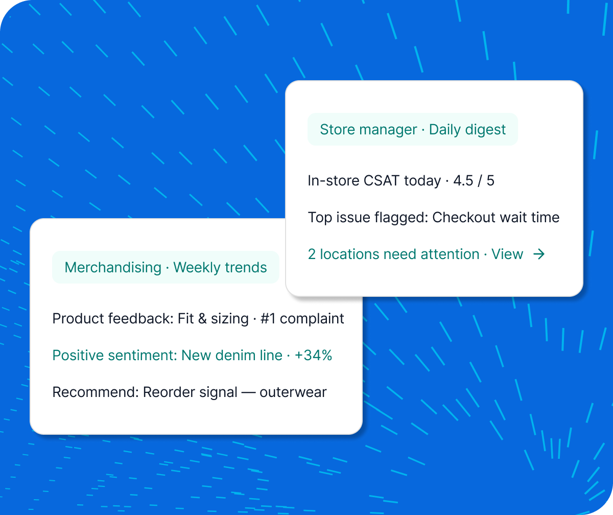 Two retail insight cards: a store manager digest showing 4.5 CSAT with checkout wait time flagged, and a merchandising summary highlighting fit complaints, denim sentiment, and an outerwear reorder signal.