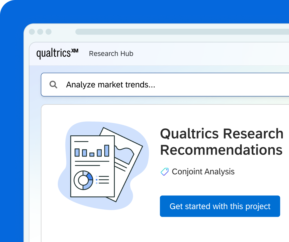 Qualtrics Research Hub recommending Conjoint Analysis as the best methodology for analyzing market trends, with a guided prompt to get started on the project.